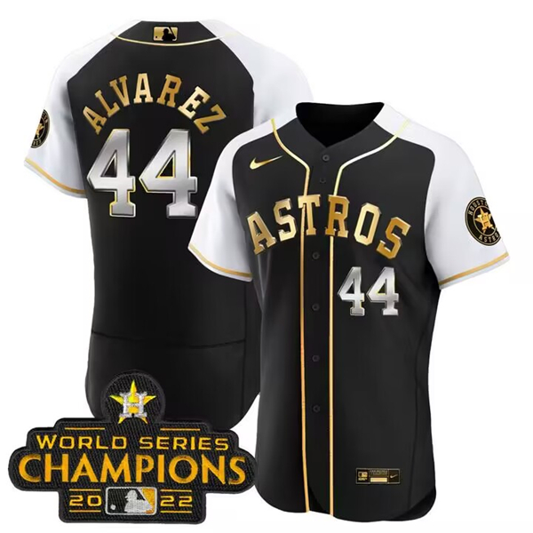 Men's Houston Astros #44 Yordan Alvarez 2023 Black Gold Alternate Flex Base Stitched Baseball Jersey Men's Houston Astros #44 Yordan Alvarez 2023 Black Gold Alternate Flex Base Stitched Baseball Jersey